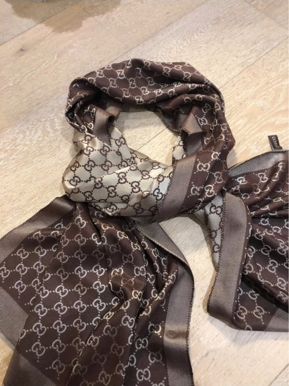 Gucci Brown and Cream GG Logo Silk Scarf